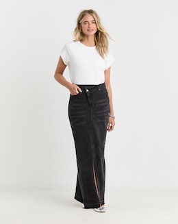 Black Let Down Hem Maxi Denim Skirt