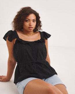Simply Be Black Broderie Blouse With Frill Sleeve