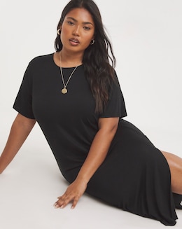 Black Viscose Elastane Midi T-Shirt Dress