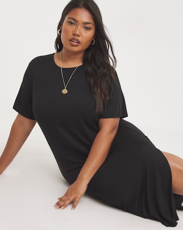 Black Viscose Elastane Midi T-Shirt Dress