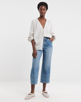 Mid Blue Broderie Straight Leg Crop Jeans