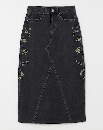 Simply Be X Twisted Wunder Black Cosmic Mix A Line Denim Maxi Skirt