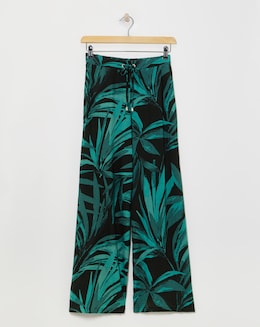 Black Palm Printed Spun Viscose Pull On Wide Leg Trousers