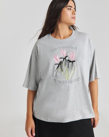 Simply Be Grey Marl Flower Market Graphic T-Shirt with 3D Bows