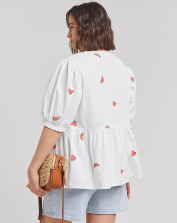Simply Be Ivory Poplin Watermelon Embroidered Puff Sleeve Blouse