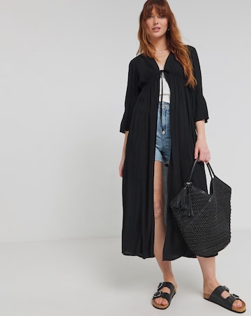 Simply Be Black Embroidered Trim Longline Kimono With Shell Tie