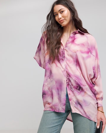 Flounce London Pink Chiffon Marble Print Cuff Detail Blouse