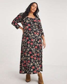 Joe Browns Black Floral Printed Long Sleeve Jersey Dress