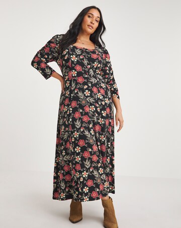 Joe Browns Black Floral Printed Long Sleeve Jersey Dress