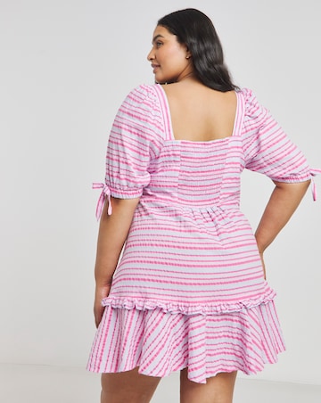 Pink Stripe Square Neck Tea Dress With Frilled Hem