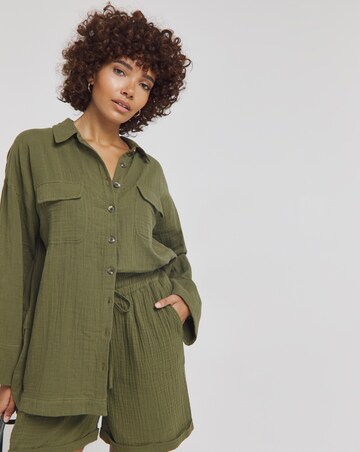 Khaki Cheesecloth Double Pocket Long Sleeve Shirt