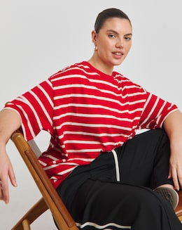 Simply Be Red &amp; Ecru Stripe Pure Cotton Crew Neck T-Shirt