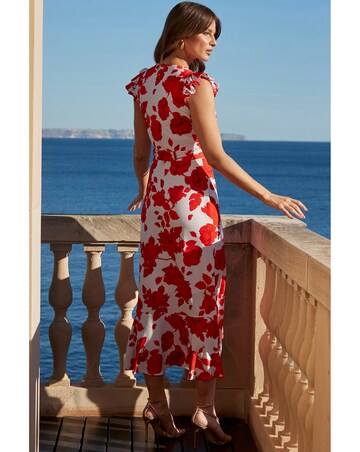 Sosandar Red & Ivory Floral Print Ruffle Hem Midi Dress