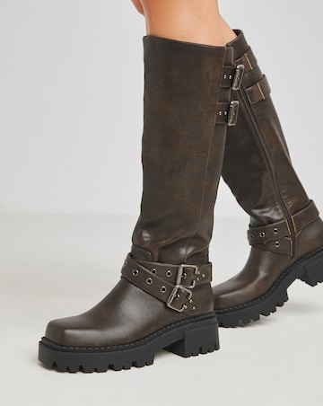 Hendrix Chunky Buckle Biker Boots - Extra Wide Fit (EEE) & Super Curvy Calf