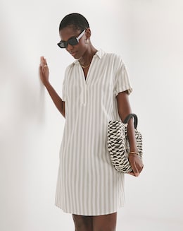 Stripe Collared Short Sleeve Tunic Dress