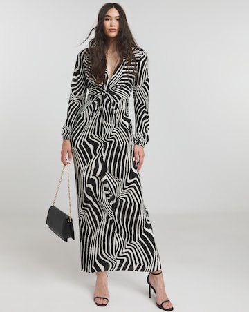 Mono Swirl Print Plisse Twist Front Midaxi Dress