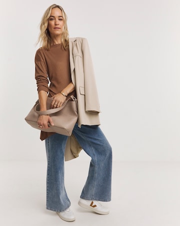 Beige Long Sleeve Ribbed Asymmetric Top