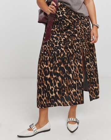 Leopard Print Side Split Midi Skirt