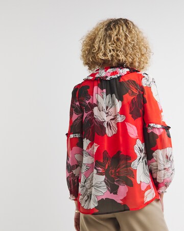 Red Print Long Sleeve Pleated Collar Blouse