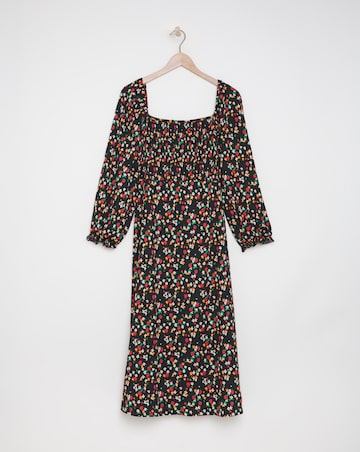 Ditsy Print Long Sleeve Shirred Midi Dress