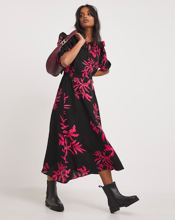 Ruffle Trim Tie Neck Tea Dress
