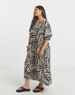 Simply Be Mono Zebra Print Spun Viscose Midi Dress With Pockets