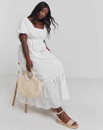 White Square Neck Broderie Maxi Dress