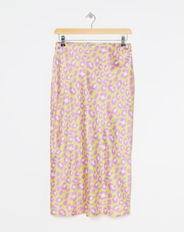 Lime Animal Elasticated Waist Premium Satin Midi Skirt