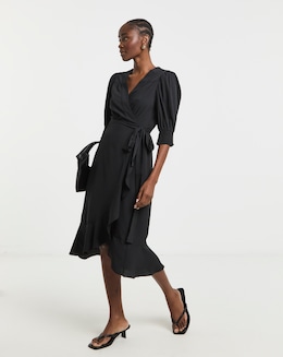 Black Ruffled Front Wrap Midi Dress