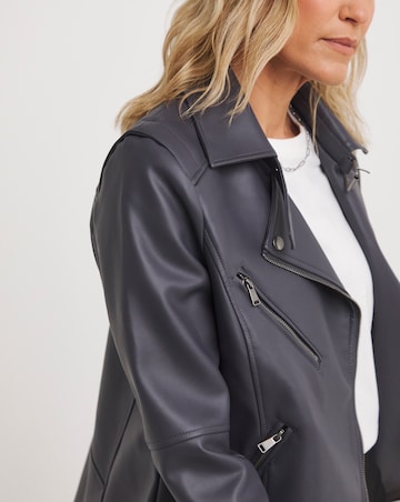 Charcoal Longline Faux Leather Biker