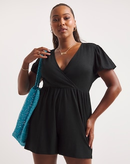 Simply Be Black Wrap Front Waffle Playsuit
