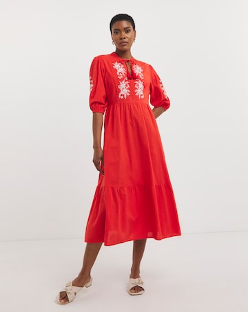 Linen Mix Embroidered Midi Dress With Tassel Neck Tie