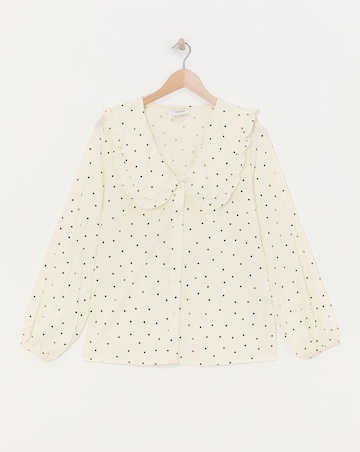 Womens Collar Detail Frill Button Through Blouse - Cream Spot