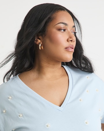 Simply Be Blue V Neck Flower Embroidery & Pearls T-Shirt