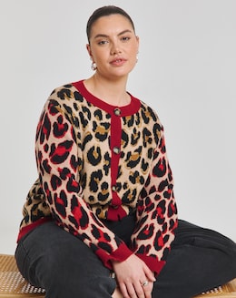 Simply Be Neutral &amp; Red Leopard Jacquard Cardigan