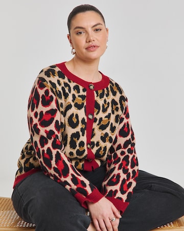 Simply Be Neutral & Red Leopard Jacquard Cardigan