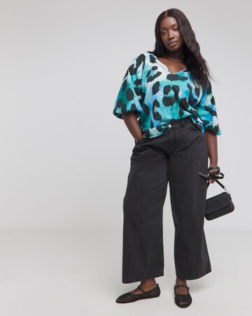Blue Animal V Neck Puff Sleeve Blouse