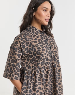 Leopard Printed Shirt Dress With Pockets