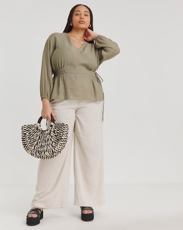 Simply Be Khaki Plunge Elasticted Waist Long Sleeve Blouse