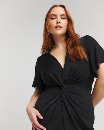 Black Slinky Short Sleeve Knot Front Midaxi Dress