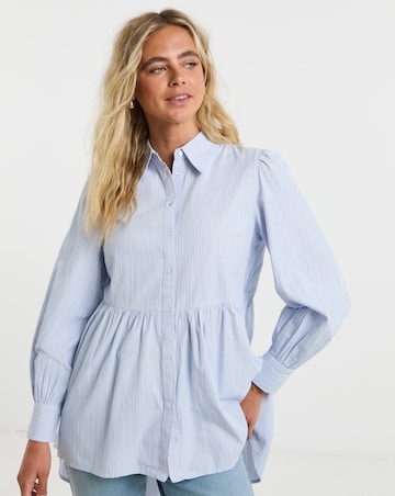 Blue Striped Dip Back Longline Peplum Shirt