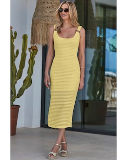 Sosandar Yellow Crochet Ring Detail Midi Dress