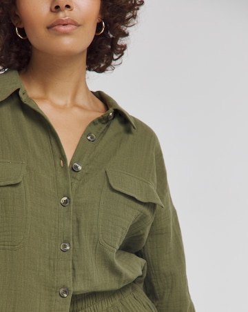 Khaki Cheesecloth Double Pocket Long Sleeve Shirt