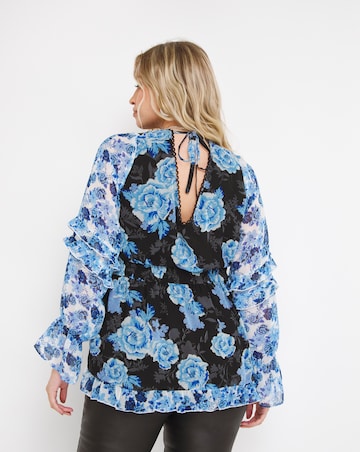 Blue Floral Shirred V-Neck Peplum Blouse with Frill Detail
