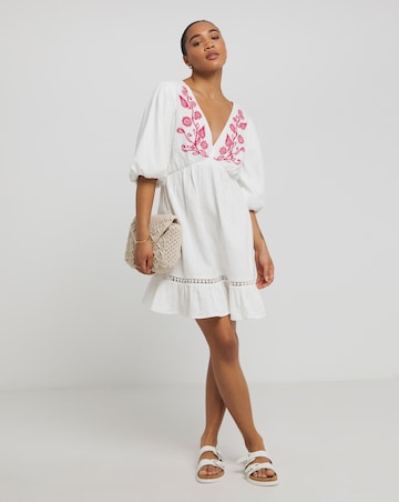 Simply Be White and Pink Embroidered Smock Dress