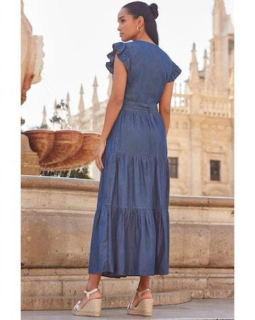 Sosandar Ruffle Sleeve Tiered Hem Midi Dress