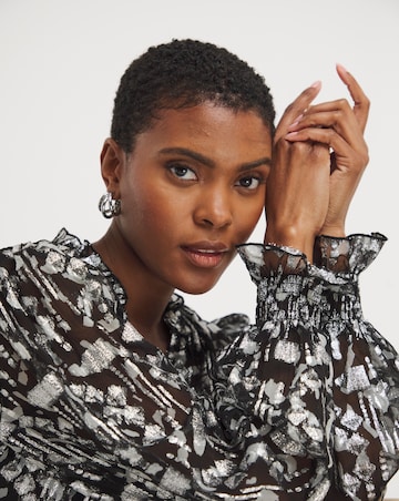 Silver V Neck Metallic Jaquard Blouse