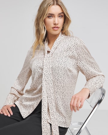 Flounce London Off White Black Spot Satin Tie Neck Blouse