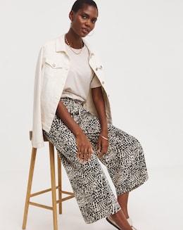 Neutral Mono Printed Linen Mix Wide Leg Culottes