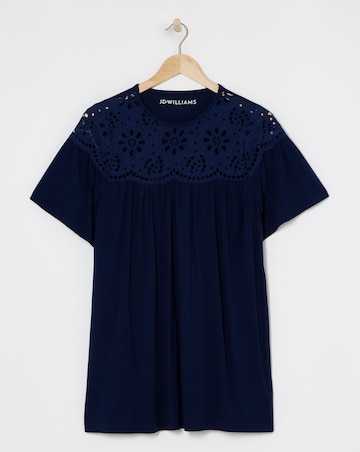 Navy Broderie Yoke Angel Sleeve Longline Top